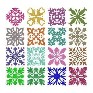 May include: A collection of sixteen square tiles arranged in a four-by-four grid. Each tile features a distinct, symmetrical, and intricate floral or geometric pattern in a variety of solid colors including pink, gold, purple, green, orange, and blue.