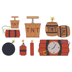 Pode incluir: Desenhos bordados de explosivos, incluindo caixas de TNT, feixes de dinamite, uma bomba e um bastão de dinamite. Os desenhos usam tons de castanho, vermelho, preto e amarelo, com as letras "TNT" visíveis.