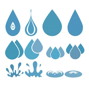 May include: A collection of blue water droplet illustrations in various styles. Some droplets have internal details, while others are solid. The image also includes splash and ripple designs, all against a white background.