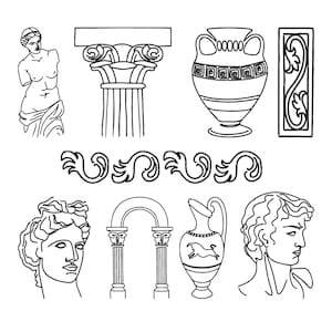 May include: Line art illustrations of classical Greek and Roman elements, including a statue, columns, an amphora, decorative borders, and busts. The black and white drawings depict architectural details and historical figures.