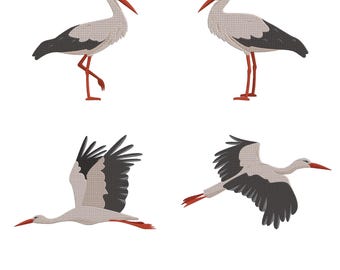 Stork Bird Poses Embroidery Design, Standing Flying Stork Machine Embroidery File, 4 Design, 7 Size, Instant Download