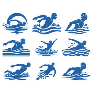 May include: Nine blue silhouette illustrations of swimmers in various strokes. Each swimmer is depicted in motion, with water lines and splashes. The swimmers wear swim caps and goggles. The images are on a white background.