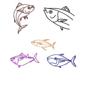 May include: Five illustrations of tuna fish in a minimalist style. The fish are outlined in brown, black, gold, purple, and blue. The designs show fins and eyes. The images are set against a white background.