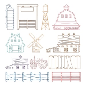 Farm Outline Embroidery Design, Barn Tractor Windmill Fence Farm ...