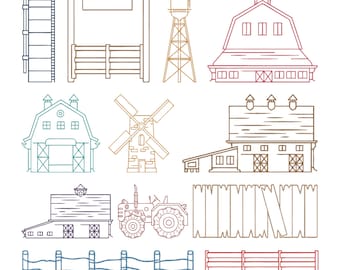 Farm Outline Embroidery Design, Barn Tractor Windmill Fence Farm Machine Embroidery File, 12 Design, 9 Size, Instant Download