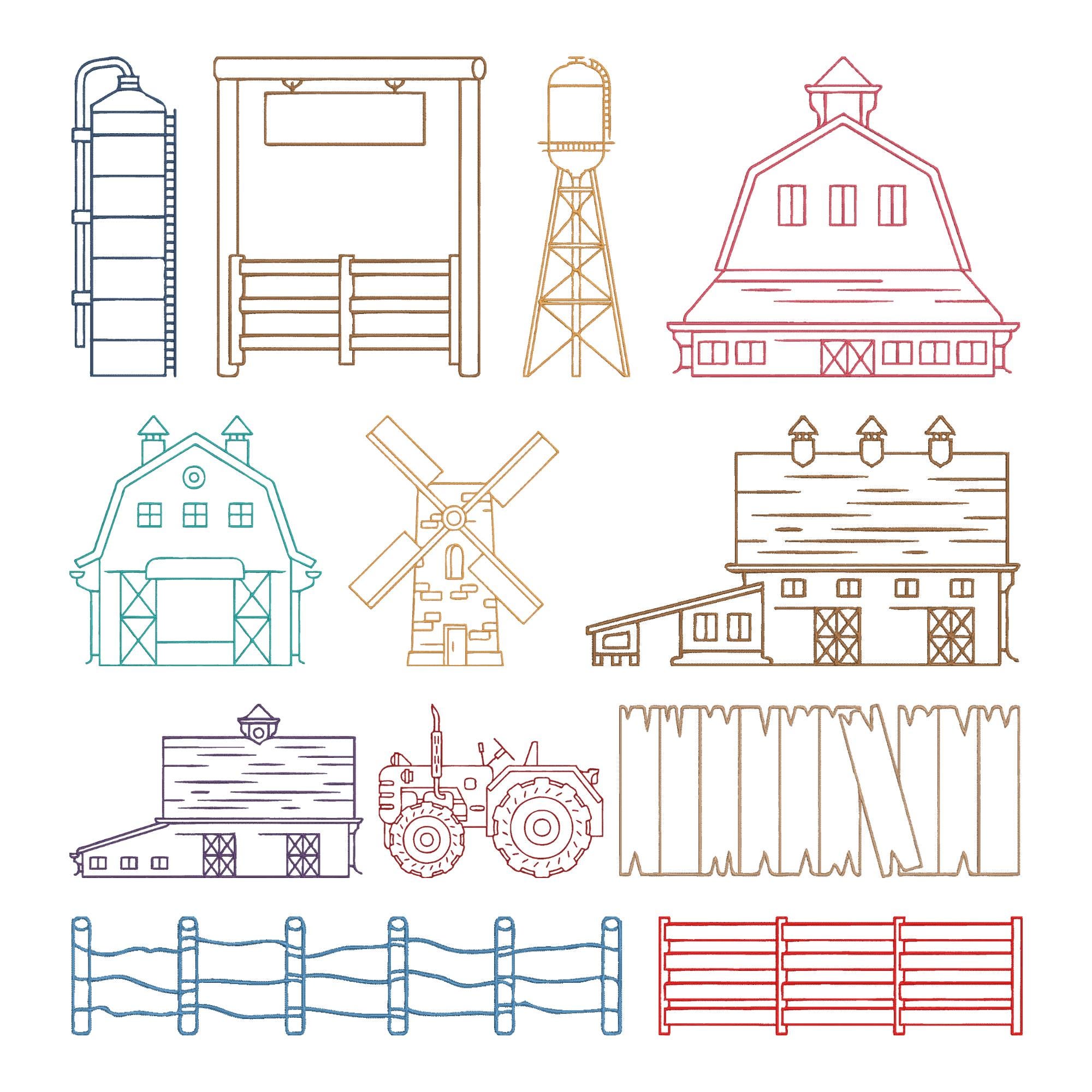 Farm Outline Embroidery Design, Barn Tractor Windmill Fence Farm ...