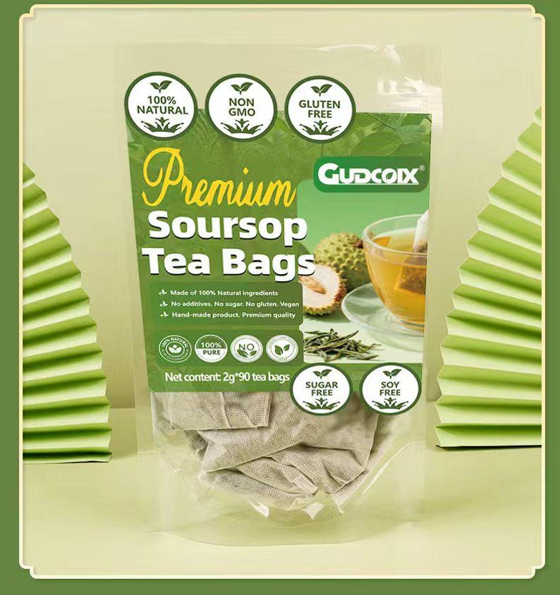 May include: A clear plastic bag of Premium Soursop Tea Bags. The bag features the text "Premium Soursop Tea Bags" and icons indicating the tea is natural, non-GMO, and gluten-free. The net content is 2g*90 tea bags.