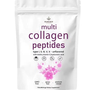 May include: A white bag of "multi collagen peptides" dietary supplement. The bag features the brand name "GUDCOIX" and product details in purple text, including "type I, II, III, V, X - unflavored" and "1 lb (453.6 g)". The bag also states "GMO free, grass fed, pasture raised".