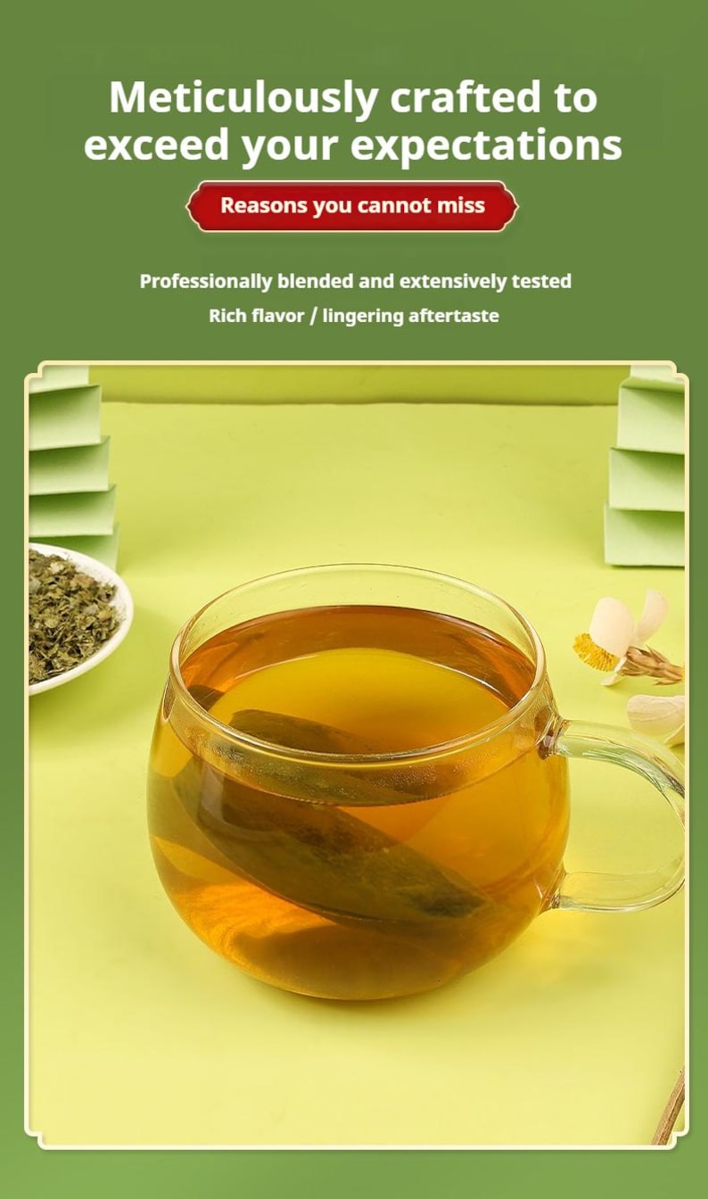 May include: A clear glass mug filled with amber-colored tea, with a tea bag visible inside. The image includes text that reads "Meticulously crafted to exceed your expectations". A small white dish of loose tea leaves is in the background.