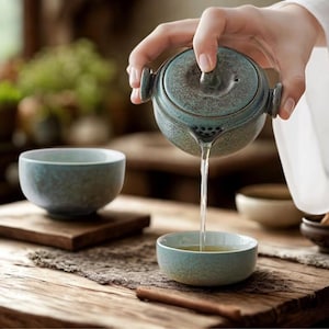 Puede incluir: Una tetera de cerámica turquesa vierte té en una taza a juego. La tetera tiene tapa y dos asas. Otra taza descansa sobre un posavasos de madera. La escena está ambientada en una mesa de madera.