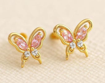 Pink Sapphire Butterfly Stud Earrings: 14k Gold Moissanite Accent