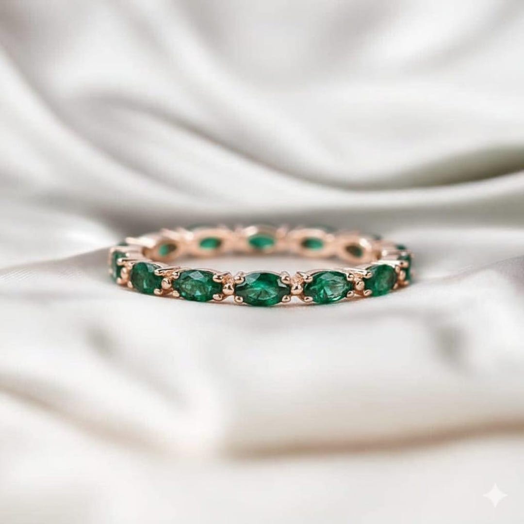 Solid Gold Emerald Full Eternity Band – Marquise Cut Stacking Ring ...