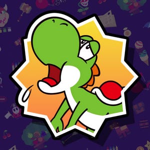 Könnte beinhalten: Eine Cartoon-Illustration von Yoshi, einem grünen dinosaurierartigen Charakter, mit weißem Bauch und rotem Sattel. Yoshi befindet sich in einem weißen sternförmigen Rahmen mit einem orange-gelben Farbverlauf. Der Hintergrund ist dunkelviolett mit verschiedenen Cartoon-Symbolen.