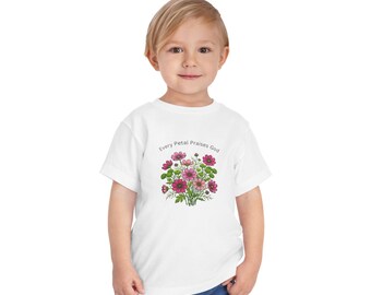 Every Petal Praises God Toddler Tee | Pink Cosmo & Lemon Green Button Pom Floral Bouquet | Glory to God's Creation, Christian Kids Shirt