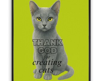 Russian Blue Cat Sketch Mouse Pad, "Thank God for Creating Cats", Lemon Green | Christian & Christmas Gifts