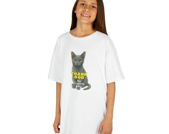 Thank God for Creating Cats Kids T-Shirt | Russian Blue Cat Sketch, Christian & Christmas Gifts