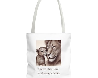 Mother's Day Gifts Cute Sketch of Lions "Thank God for a Mother's Love" - for Christian to Glorify God - White Tote & Shoulder Bag, 3 Sizes