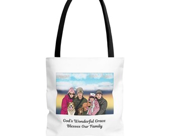 Personalized Comic Art Portrait White Tote Bag - "God's Wonderful Grace Blesses Our Family" Christian Family Memory Gifts to Glorify God