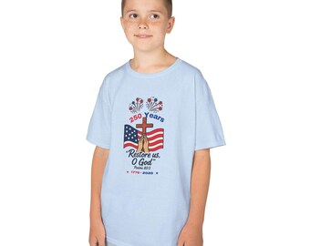 Restore Us, O God Cross with American Flag Youth/Kids Cotton Shirt - 250 Years USA Anniversary, Pray to God, Christian Gifts - July 4th Wear