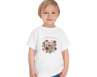 Every Petal Praises God Toddler Tee | Pink Cosmo & Lemon Green Button Pom Floral Bouquet | Glory to God's Creation, Christian Kids Shirt