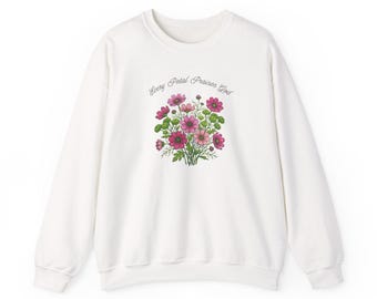 Every Petal Praises God Unisex Cotton Graphic Crewneck Sweater | Artistic Cosmos & Button Pom Illustration | Christian Floral Apparel Gift