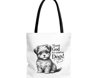 Havanese & Maltese Mix Dog Cute Sketch Tote Bag - Gifts for Christian Glorify God - Thank God for Creating Dogs - White Tote, Handle Options