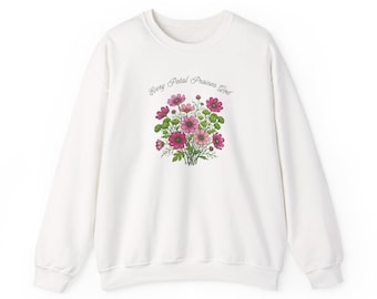 Every Petal Praises God Unisex Cotton Graphic Crewneck Sweater | Artistic Cosmos & Button Pom Illustration | Christian Floral Apparel Gift