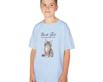 Thank God for Creating Cats Kids T-Shirt | Maine Coon Sketch, Christian Gifts