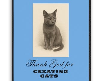 Personalized Cat Sketch Portrait Blue Mouse Pad, "Thank God for Creating Cats" (Demo: Russian Blue), Christian & Christmas Gifts
