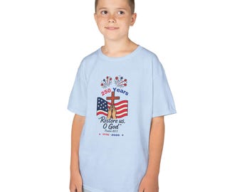 Restore Us, O God Cross with American Flag Youth/Kids Cotton Shirt - 250 Years USA Anniversary, Pray to God, Christian Gifts - July 4th Wear