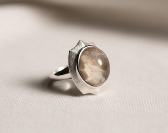 White Phantom Quartz Ring: Adjustable Sterling Silver Crystal Statement Jewelry