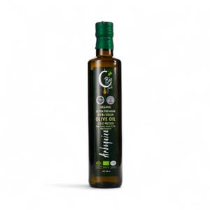Può includere: Una bottiglia di vetro scuro di olio extra vergine di oliva biologico ultra premium. La bottiglia ha un tappo verde e un'etichetta con il testo "Bi", "Olive Oil" e "Arbequina". La bottiglia contiene 500 ml di olio d'oliva.