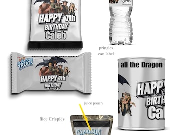 May include: A party favor bundle featuring a chip bag, water bottle, Rice Krispies Treats, juice pouch, and a Pringles can label. Each item is decorated with a cartoon dragon theme and the text "HAPPY 7th BIRTHDAY Caleb".