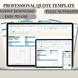 Op de afbeelding: Een professioneel offertesjabloon weergegeven op een laptop, tablet en smartphone. Het digitale document bevat blauwgroene koppen, velden voor bedrijfsgegevens en een prijstabel. De tekst bevat PROFESSIONAL QUOTE TEMPLATE.