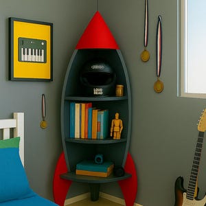 May include: A grey and red rocket-shaped bookshelf in a child's room, holding books, a wooden figurine, and a black helmet with the text "LOUD READ". A framed keyboard art piece hangs on the wall. The room also features a guitar.