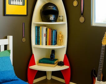 En raketdesignad bokhylla som kommer att stimulera fantasin hos barn och unga.