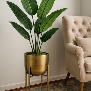 Puede incluir: Una planta grande y frondosa de color verde en una maceta de metal dorado sobre un soporte a juego. La planta tiene hojas largas y anchas con venas prominentes. La maceta y el soporte tienen un diseño moderno y minimalista.