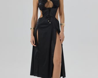 Sensure Black Stretch Satin Tulle Detailed V-Neck Long Nightgown