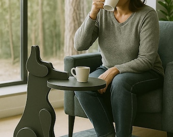 犬柄サイドテーブル：トレイ付き無煙炭ウッドコーヒーテーブル