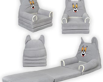 Grey Fleece Folding Children's Chair and Bed, Teddy Bear Design, Washable, Portable
