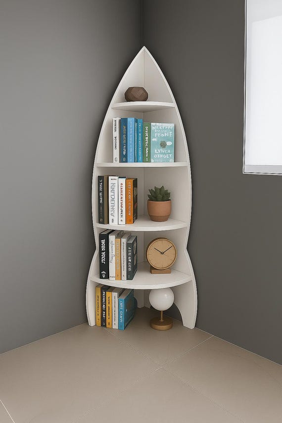 Tok-co Rocket Design White Wide Shelf Corner Bookcase With 4