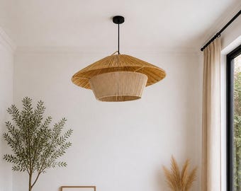 Handmade Raffia Pendant Light, Moroccan Boho Hanging Lamp, Natural Raffia Ceiling Light, Rustic Woven Chandelier