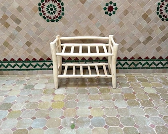 Zapatero de madera hecho a mano, almacenamiento de zapatos rústico para la entrada, organizador de madera natural marroquí