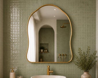 Organic Brass Mirror, Irregular Gold Bathroom Mirror, Modern Curvy Wall Vanity Mirror