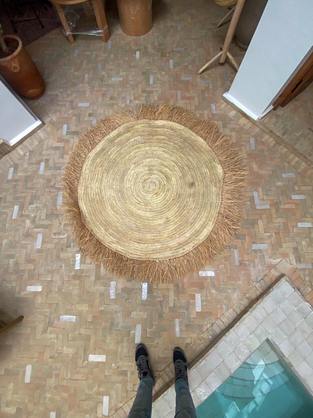 Handmade Round Raffia Rug, Moroccan Natural Straw Fringe Carpet, Boho ...