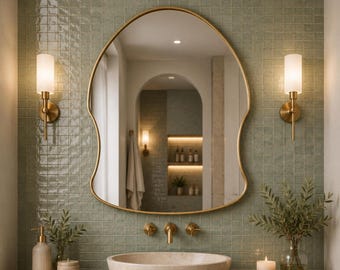 Organic Brass Mirror, Asymmetrical Gold Wall Mirror, Modern Bathroom Vanity Mirror Decor