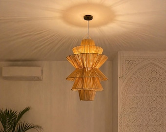 Tiered Raffia Pendant Light, Wavy Boho Ceiling Lamp, Handmade Sculptural Lighting, Custom Size