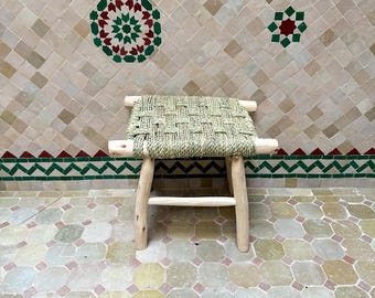 Small Moroccan Wooden Stool with Woven Rope, Handmade Boho Seating