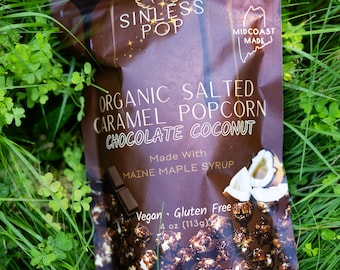 5 Pack- Sinless Pop- Chocolate Coconut Caramel Popcorn- Organic, Vegan, Gluten Free, Plastic-Free, Compostable