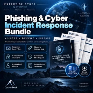 Può includere: Un pacchetto digitale di risposta agli incidenti informatici e di phishing di Expertise Cyber con un tema blu scuro e uno sfondo con globo. Include modelli per e-mail sospette, link di phishing, password compromesse e fogli di registrazione.